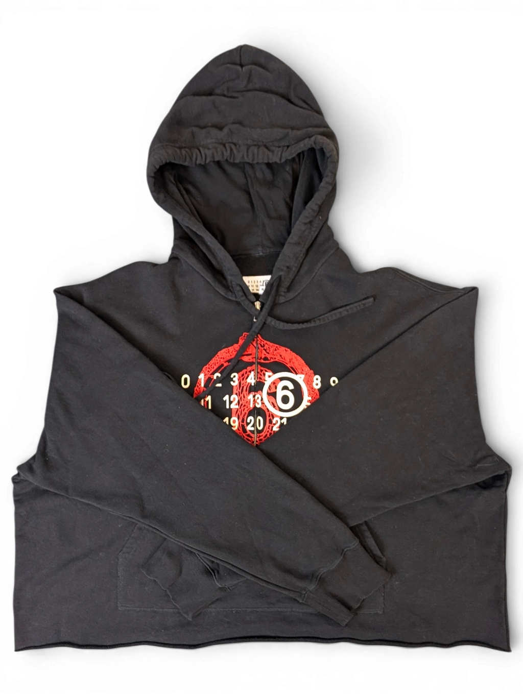 JAKE & IPI black MM6 Lunar New Year zip-up hoodie with red graphic print and raw hem detail