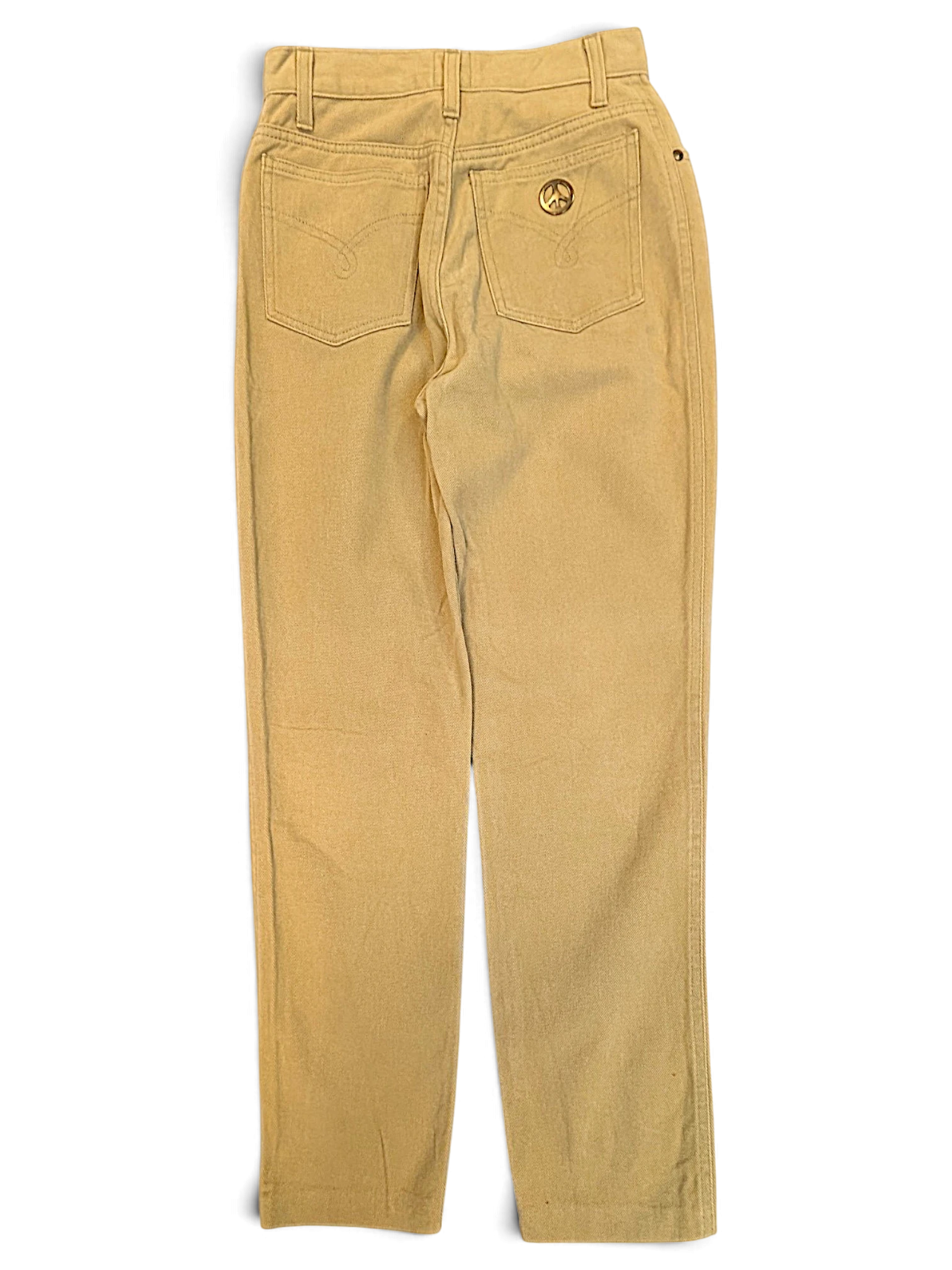 JAKE & IPI pre-owned Moschino Jeans beige straight-leg trousers with a peace sign logo detail on the back pocket.