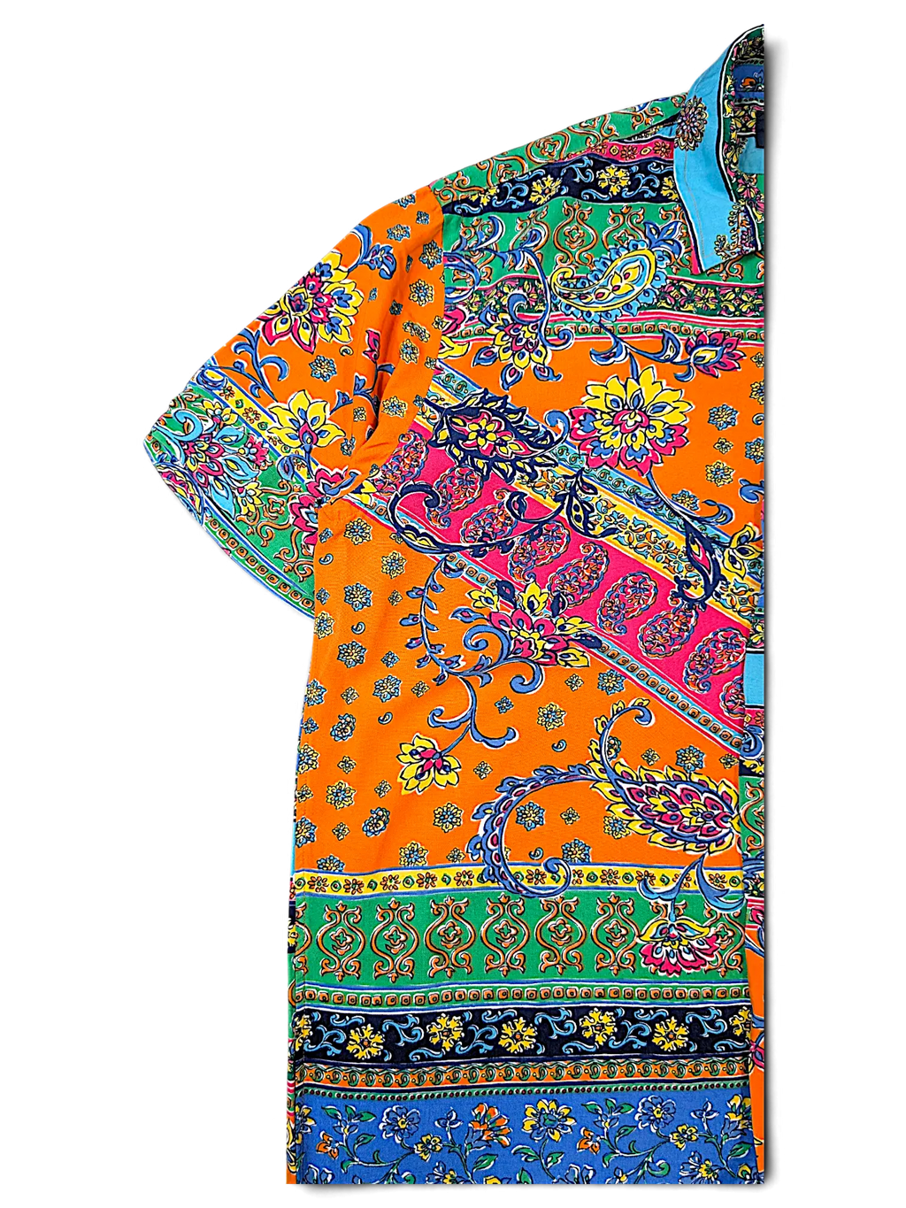 JAKE & IPI short-sleeve polo shirt featuring a vibrant multicolor paisley and floral print on an orange background.