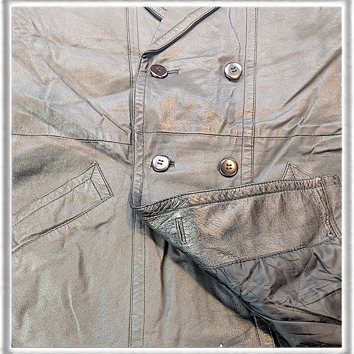Towncraft Black Genuine Nappa Leather Double-Breasted Car Coat – L – detail view 4.