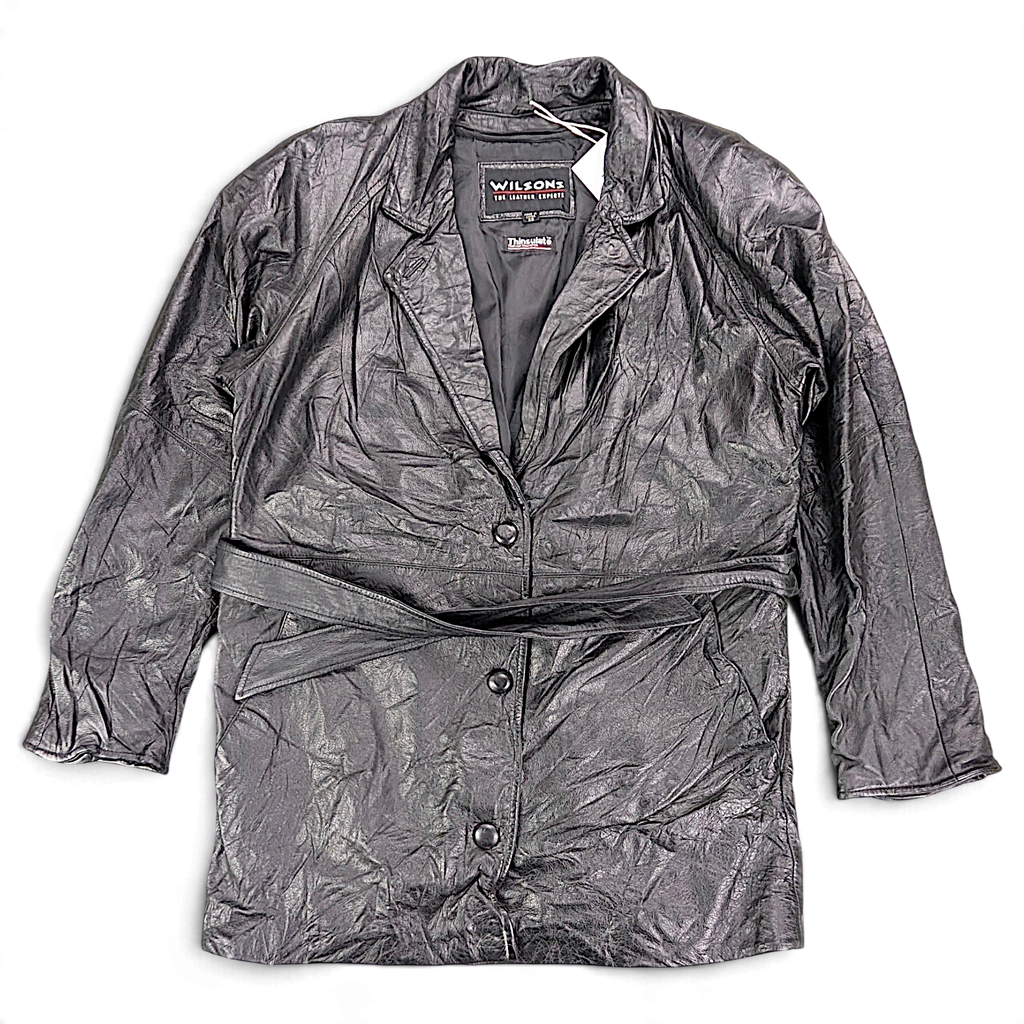 Wilsons Leather Black Thinsulate Belted Leather Coat – XS – front view.