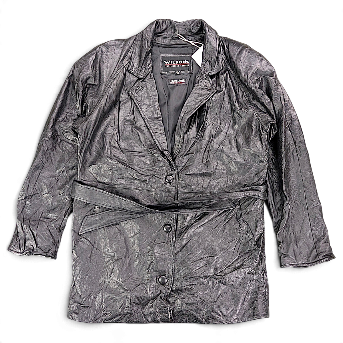 Wilsons Leather Black Thinsulate Belted Leather Coat – XS – front view.