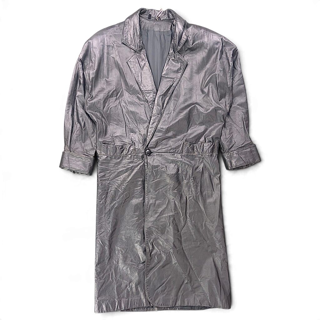 Vintage Black Genuine Leather Maxi Trench Coat Made in Korea – M – front view.