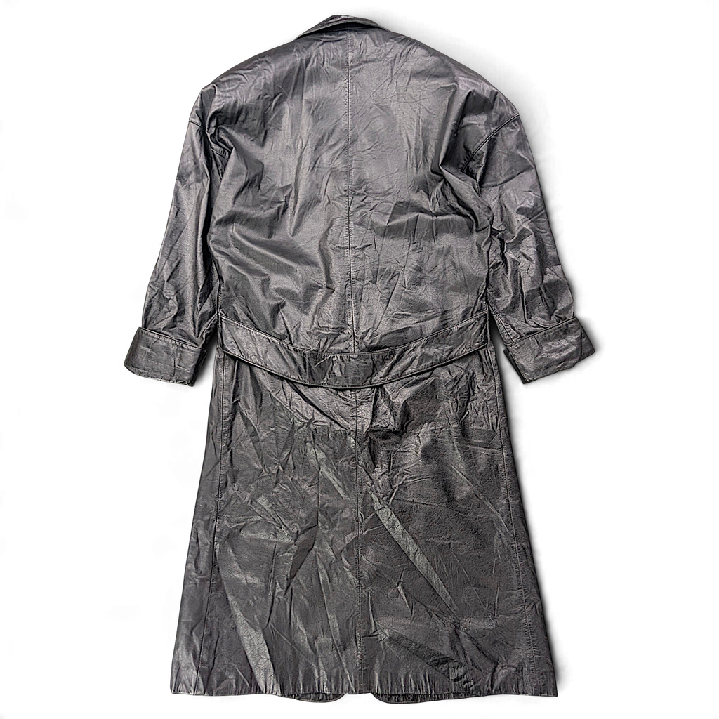 Vintage Black Genuine Leather Maxi Trench Coat Made in Korea – M – back view.