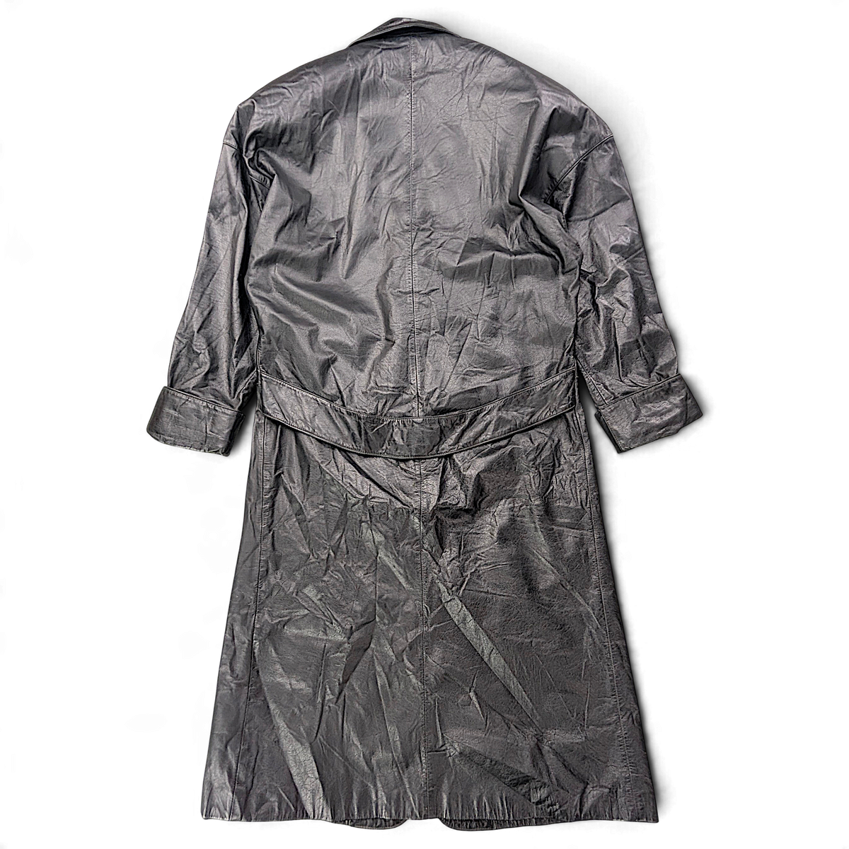 Vintage Black Genuine Leather Maxi Trench Coat Made in Korea – M – back view.