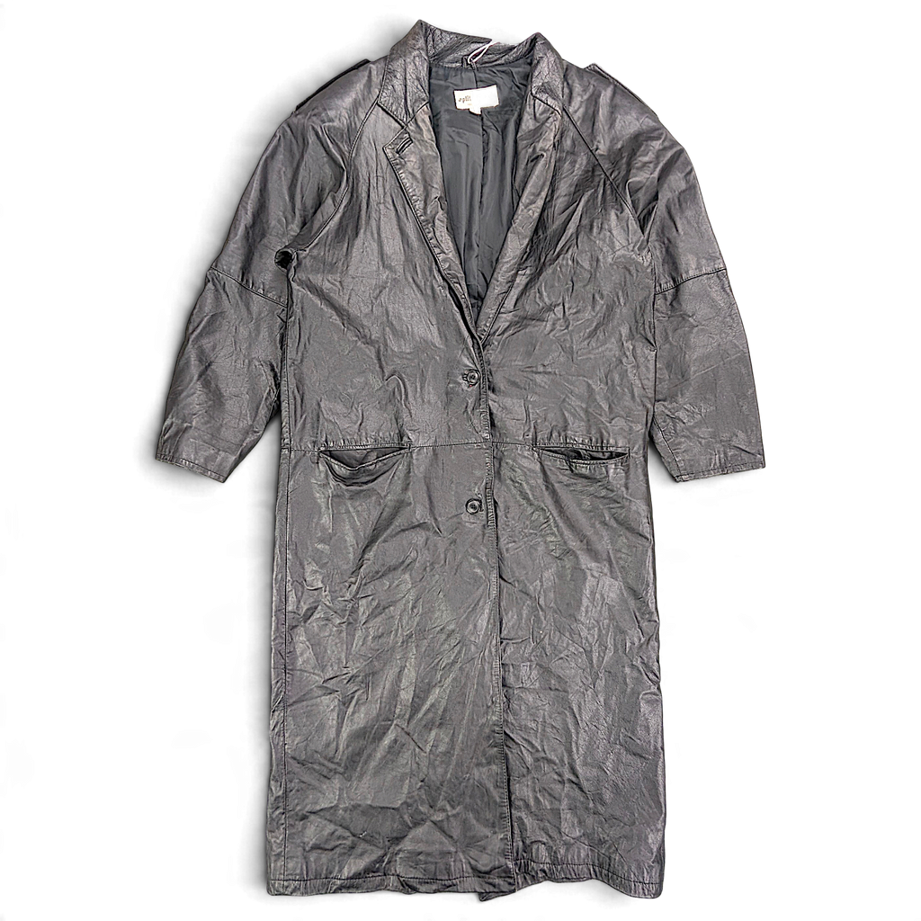 Split End Ltd. Black Genuine Leather Trench Coat – M – front view.