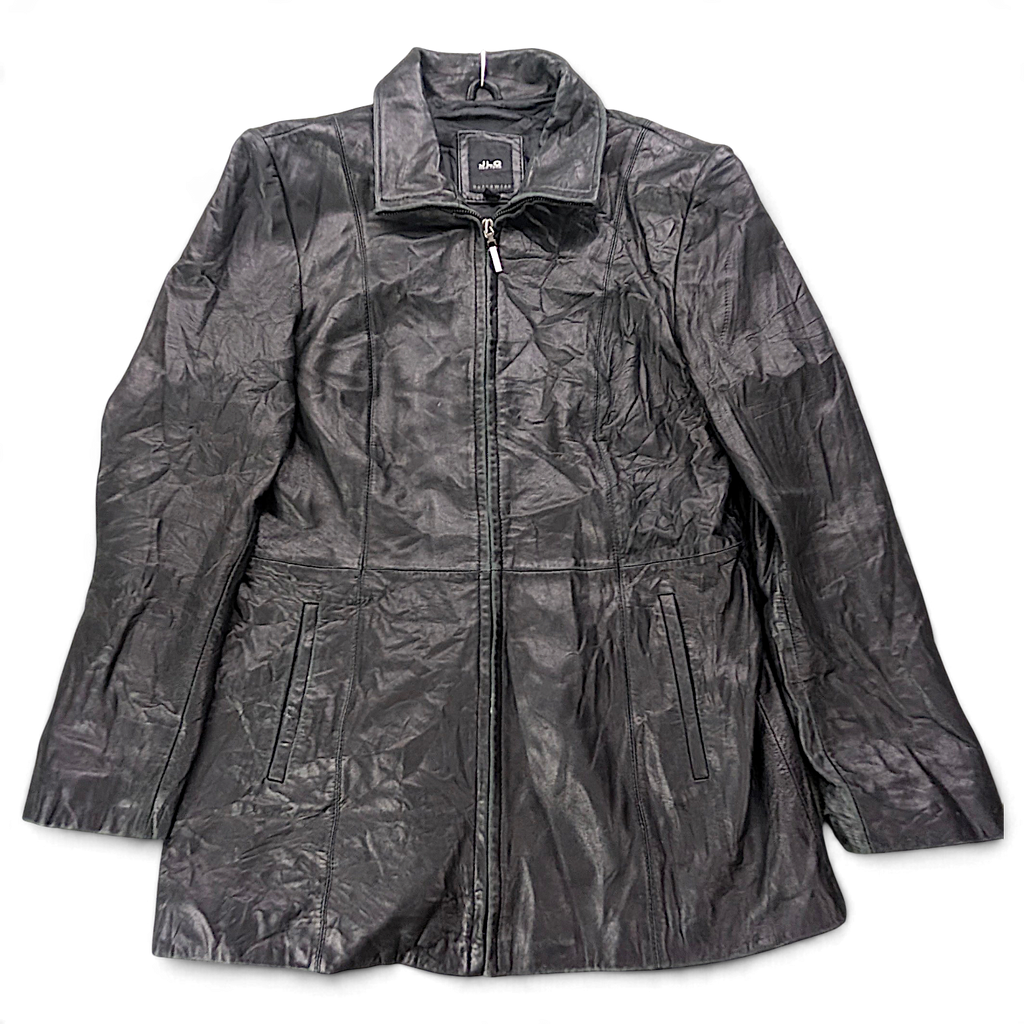 JLC New York Black Genuine Leather Zip Coat – L – front view.