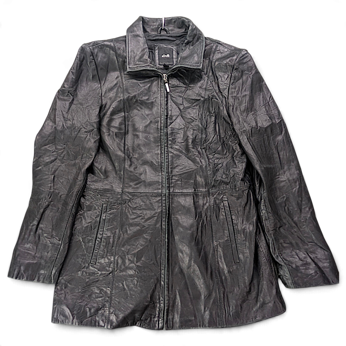 JLC New York Black Genuine Leather Zip Coat – L – front view.