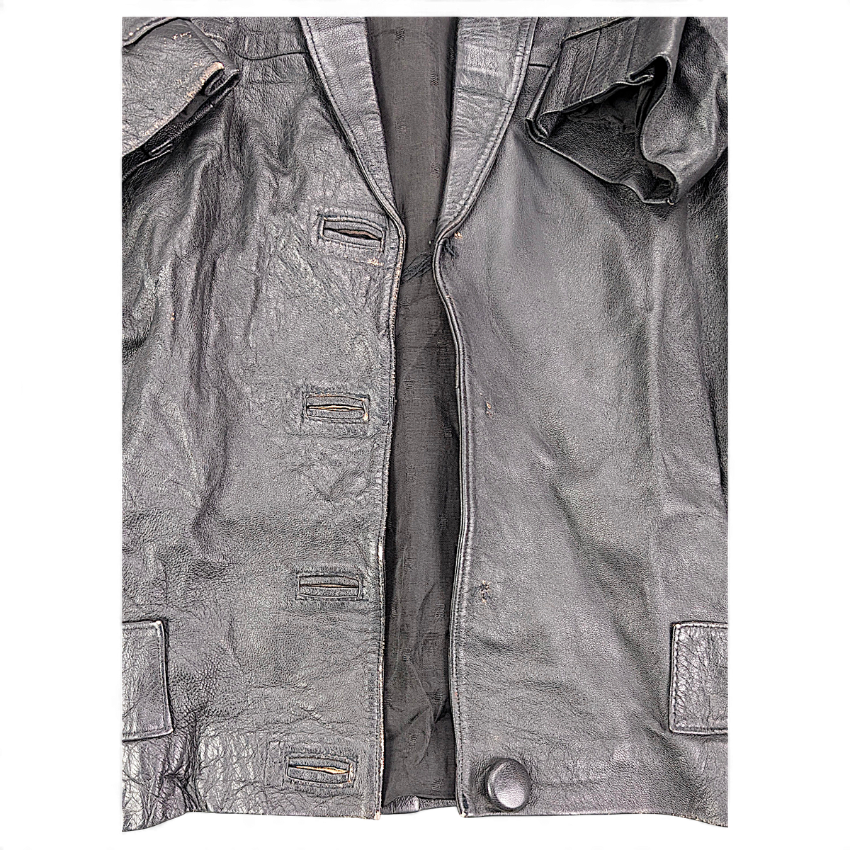 Unbranded Black Leather-Look Blazer with Missing Buttons – 38 – front button area with missing buttons.