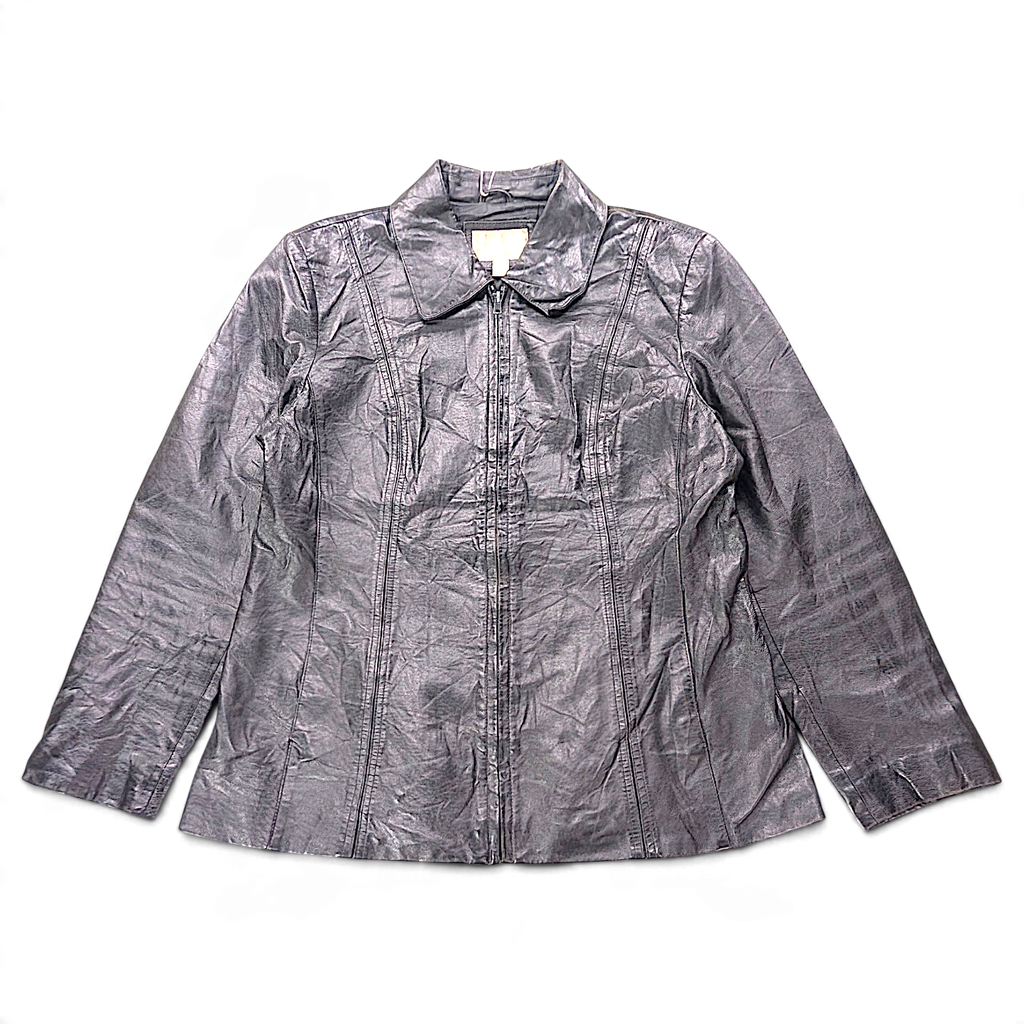 Worthington Black Genuine Leather Zip Jacket – L – front view.