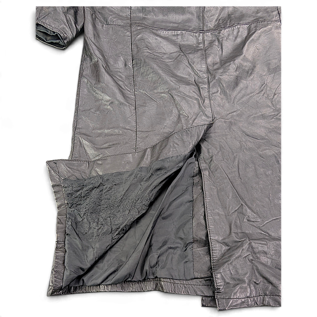Split End Ltd. Black Genuine Leather Trench Coat – M – rear and hem detail.