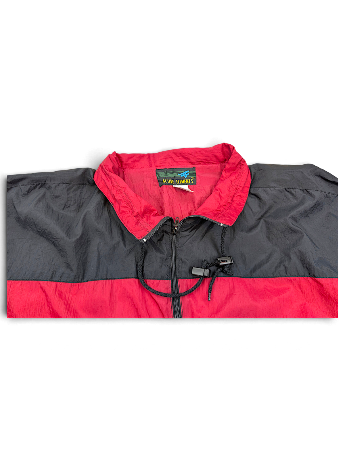 Active Elements Black and Red Stripe Windbreaker; Contrast collar and front drawcord detail.