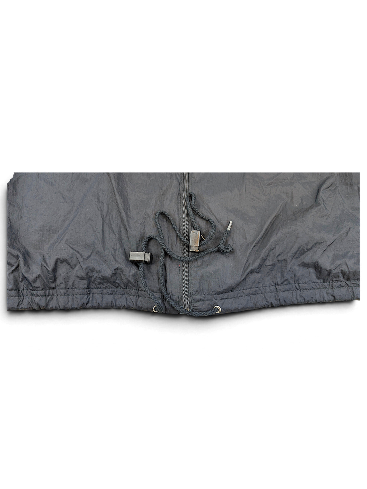Active Elements Black and Red Stripe Windbreaker; Adjustable hem drawcord and toggle detail.