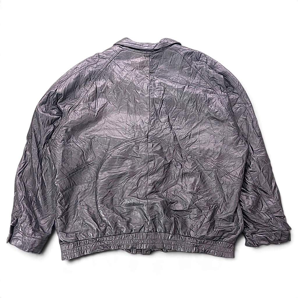Unbranded Black Faux Leather Bomber Jacket with Paint Mark – Size Unmarked – back view.