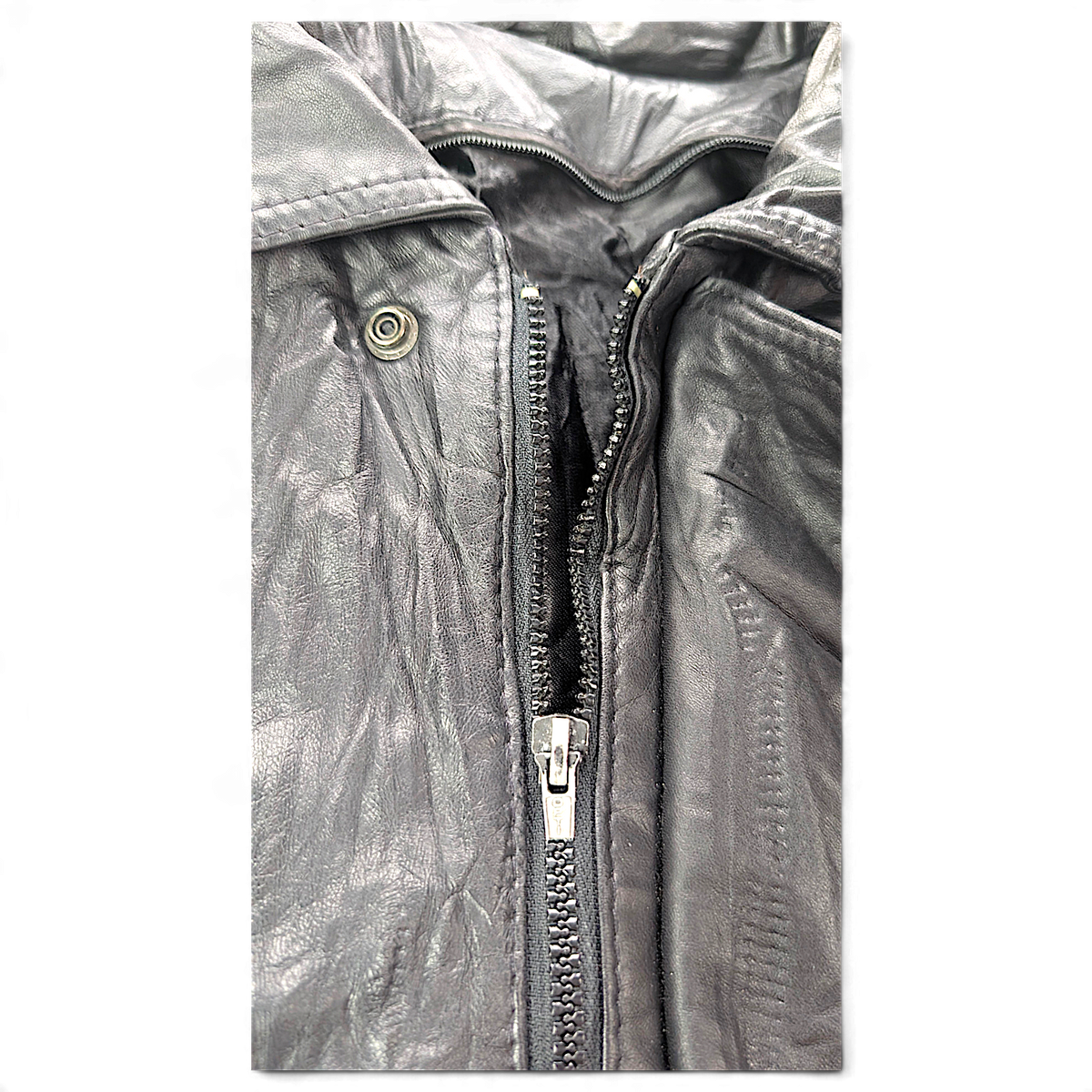 Unbranded Black Faux Leather Bomber Jacket with Paint Mark – Size Unmarked – detail view 3.
