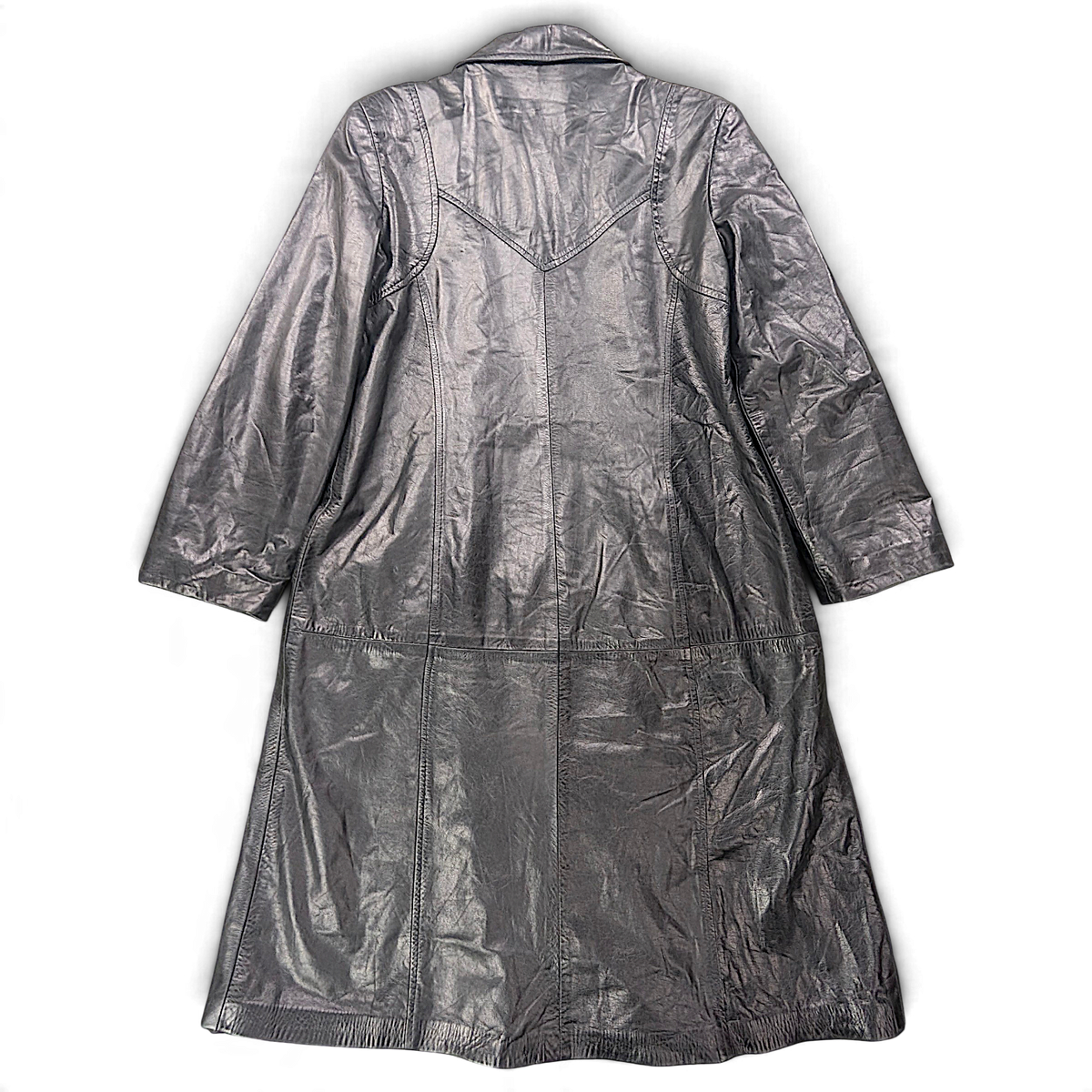 Chacalou Leathertown Black Leather-Look Trench Coat – Size Unmarked – back view.