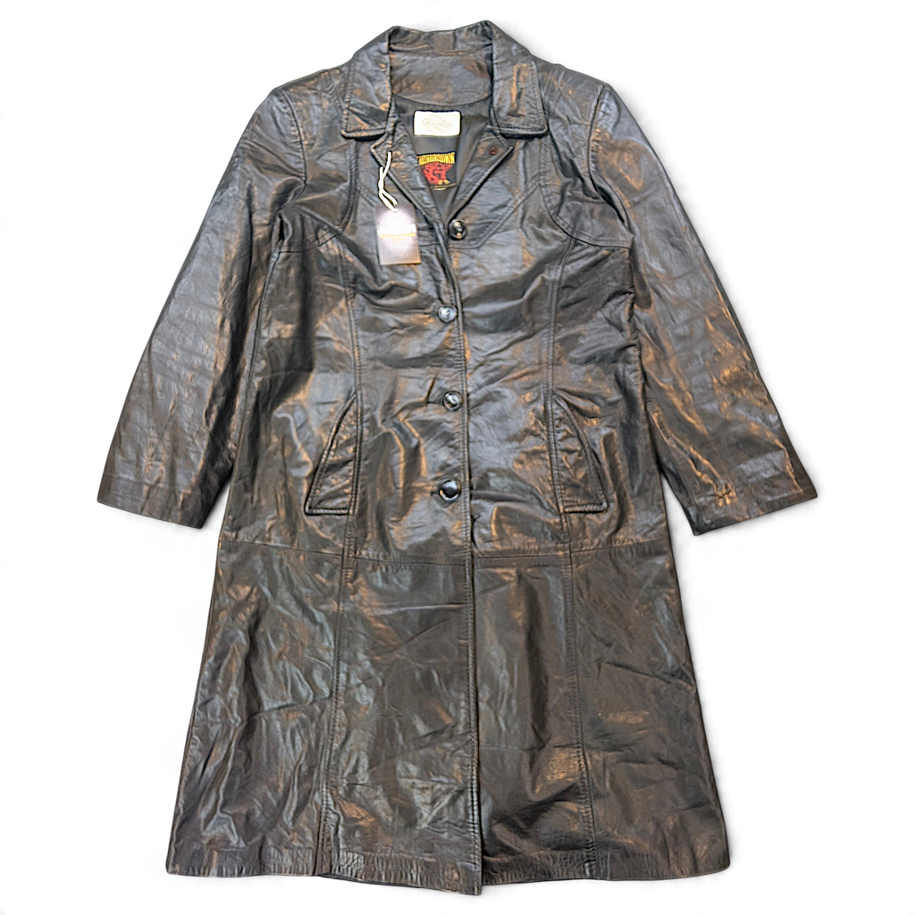 Chacalou Leathertown Black Leather-Look Trench Coat – Size Unmarked – front view.