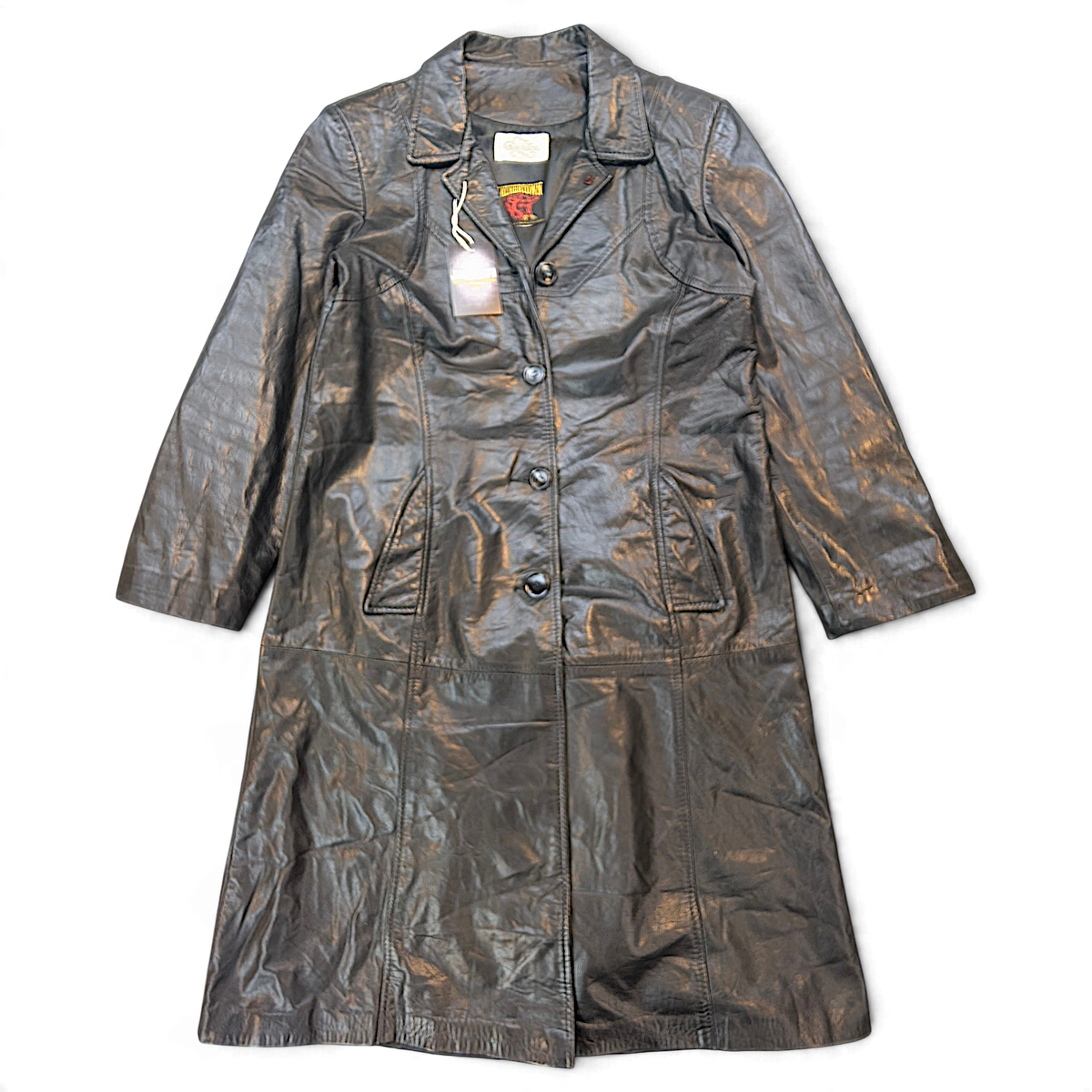 Chacalou Leathertown Black Leather-Look Trench Coat – Size Unmarked – front view.