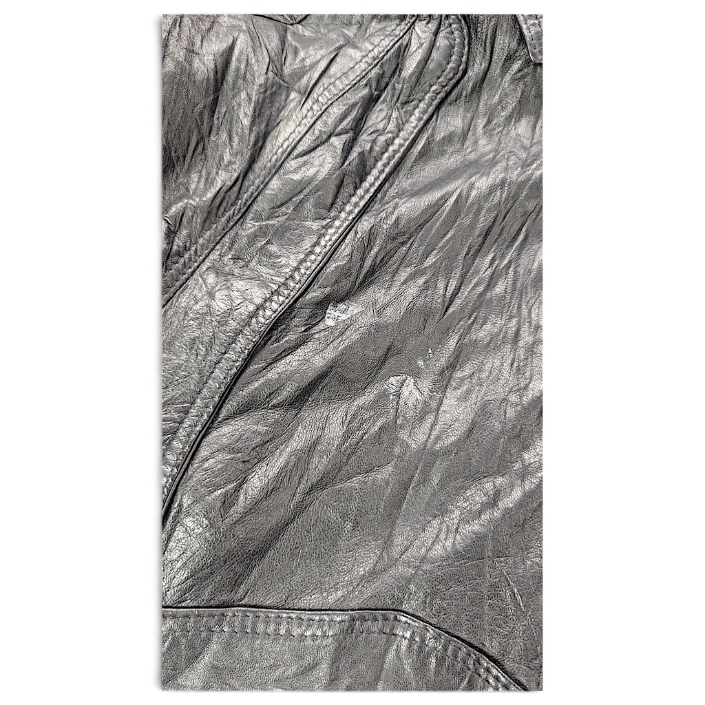 Unbranded Black Faux Leather Bomber Jacket with Paint Mark – Size Unmarked – visible condition detail.