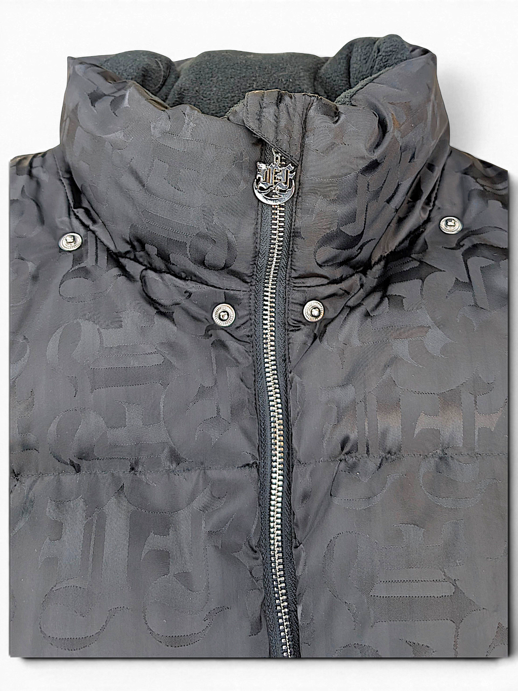 VFlame black padded jacket high collar, zip and tonal monogram detail