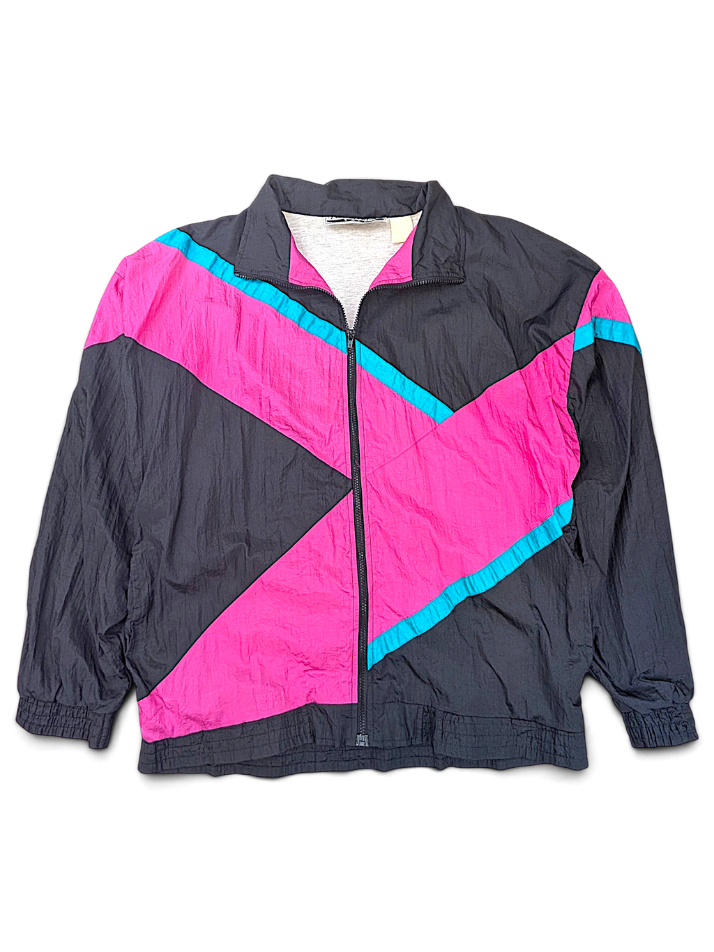 Longstreet Tall Black Geometric Windbreaker; Front view of the black, pink and turquoise geometric jacket.