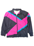 Longstreet Tall Black Geometric Windbreaker; Front view of the black, pink and turquoise geometric jacket.
