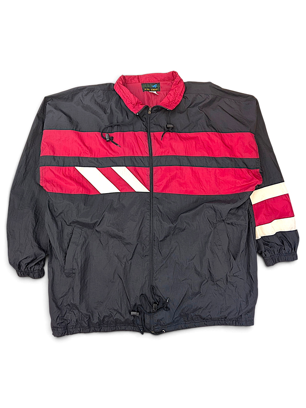 Active Elements Black and Red Stripe Windbreaker; Front view with red panels and white stripe details.