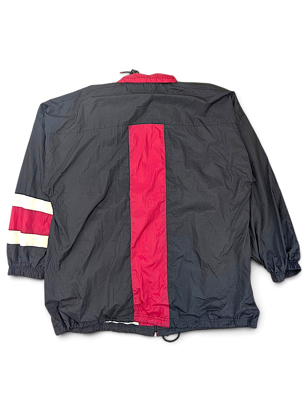 Active Elements Black and Red Stripe Windbreaker; Back view showing vertical red panel and an opening at the hem.