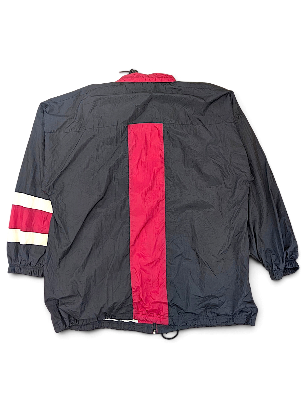 Active Elements Black and Red Stripe Windbreaker; Back view showing vertical red panel and an opening at the hem.