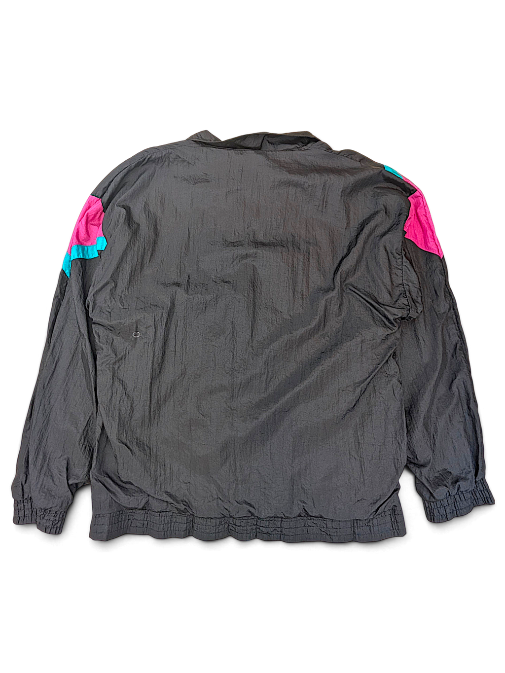 Longstreet Tall Black Geometric Windbreaker; Back view with patterned sleeves and shoulders.