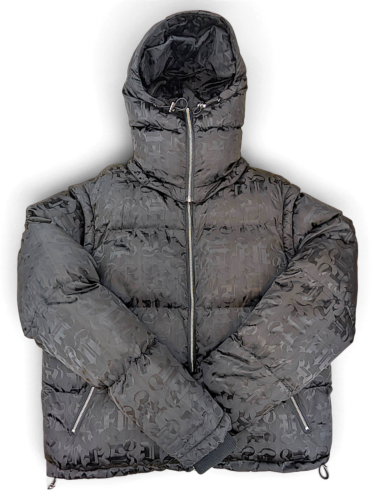 Black VFlame convertible monogram puffer jacket from Ibe's personal archive, front view