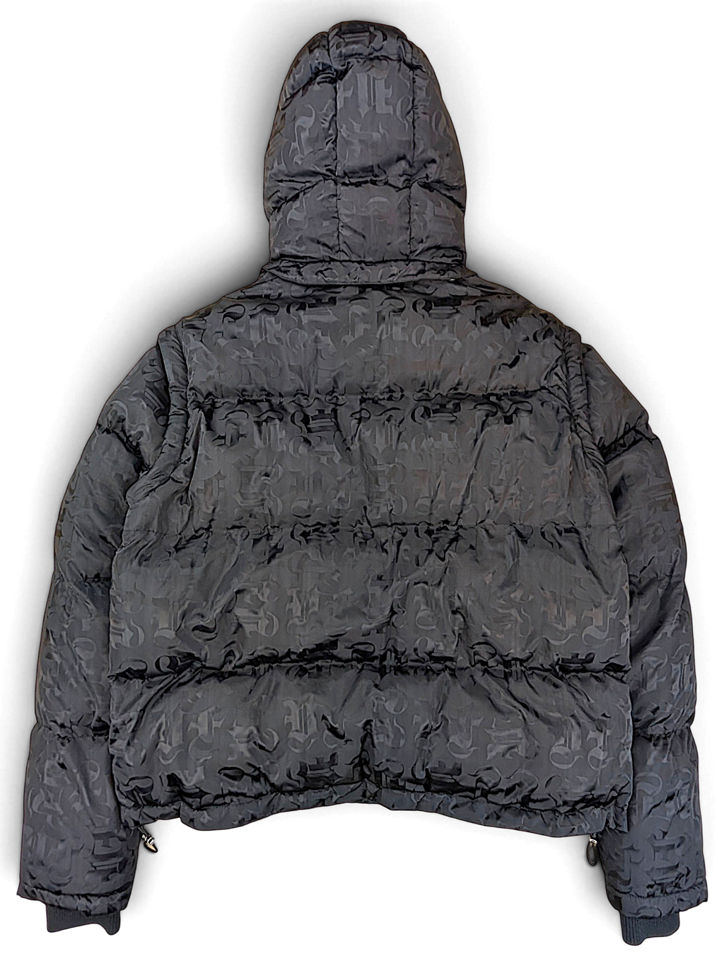 Black VFlame hooded puffer jacket with tonal all-over monogram, back view