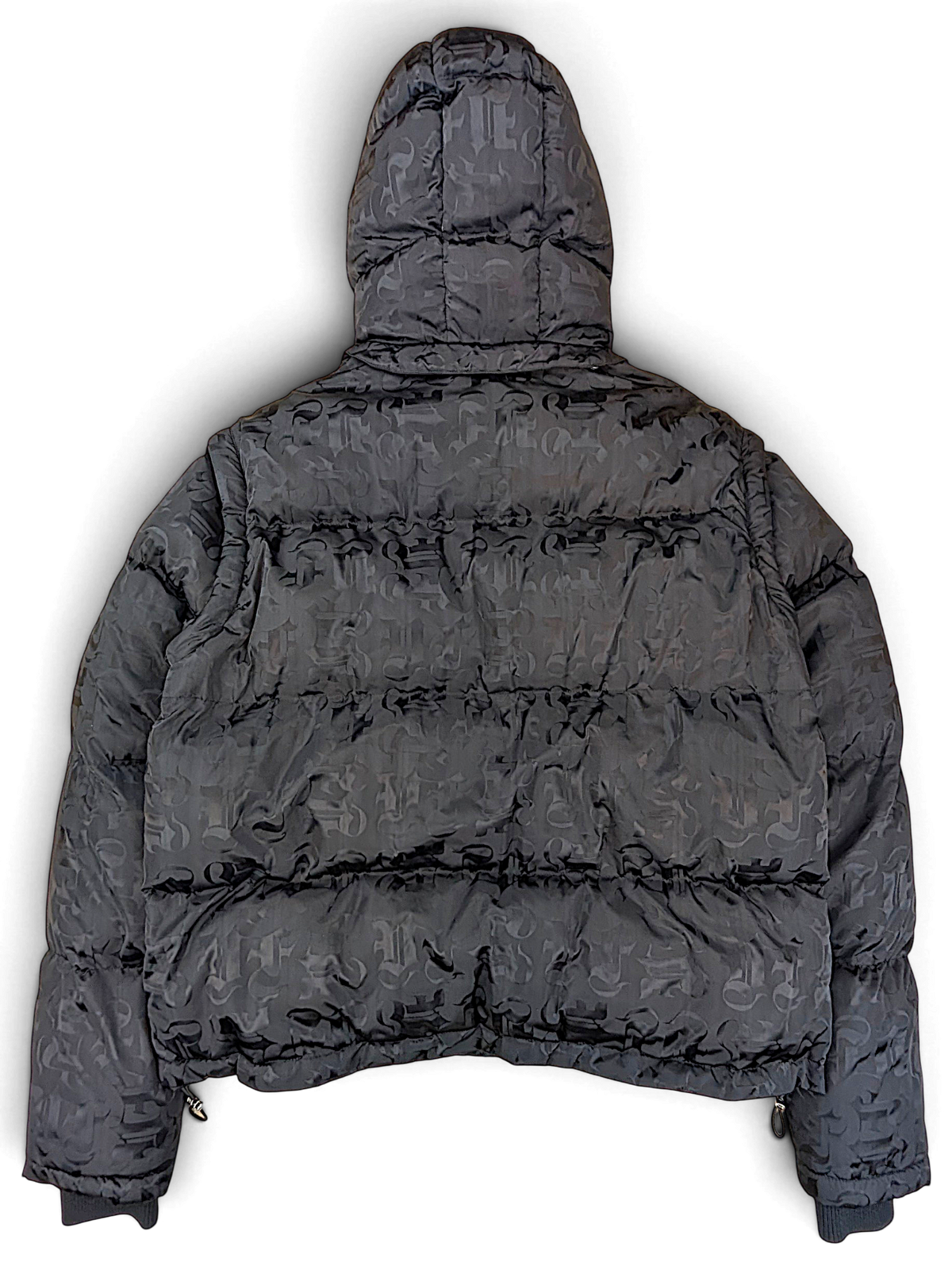 Black VFlame hooded puffer jacket with tonal all-over monogram, back view
