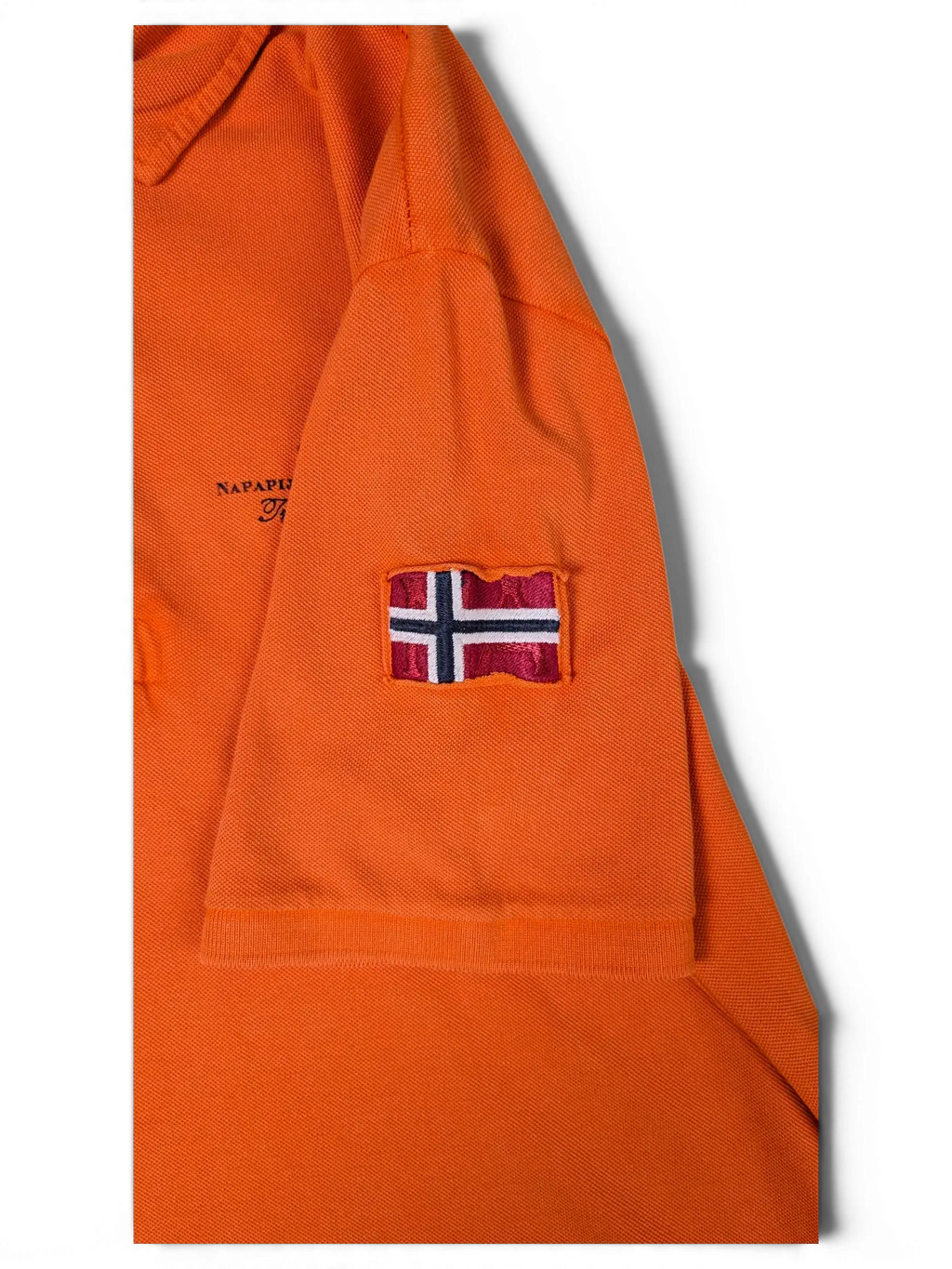 JAKE & IPI pre-owned bright orange Napapijri polo shirt with embroidered chest logo and Norwegian flag sleeve patch