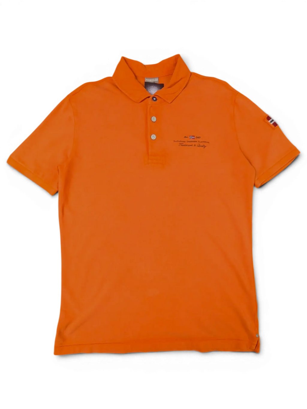 JAKE & IPI pre-owned bright orange Napapijri polo shirt with chest embroidery and sleeve flag patch