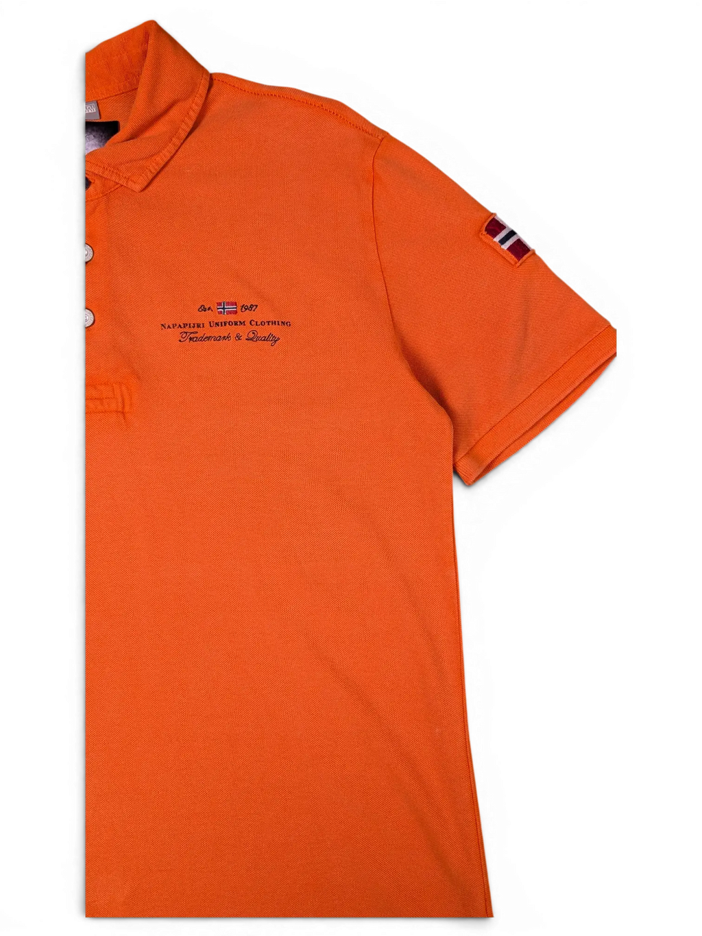 JAKE & IPI pre-owned bright orange Napapijri polo shirt with chest embroidery and sleeve flag patch
