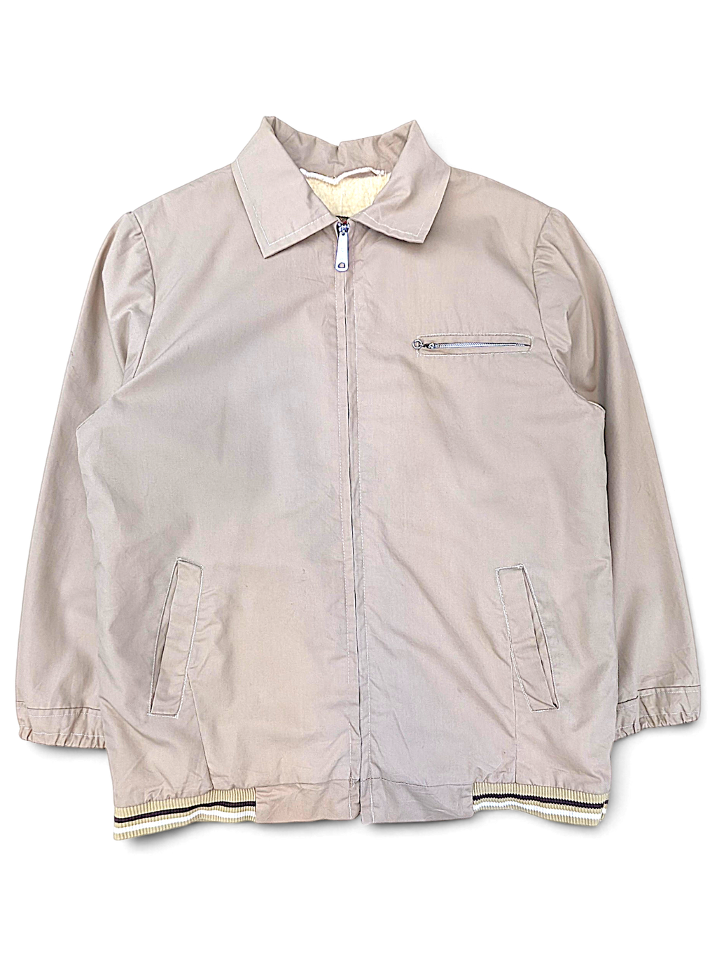 NAPCO Beige Teddy Lined Zip Jacket; Front view with striped ribbed hem and chest zip pocket.