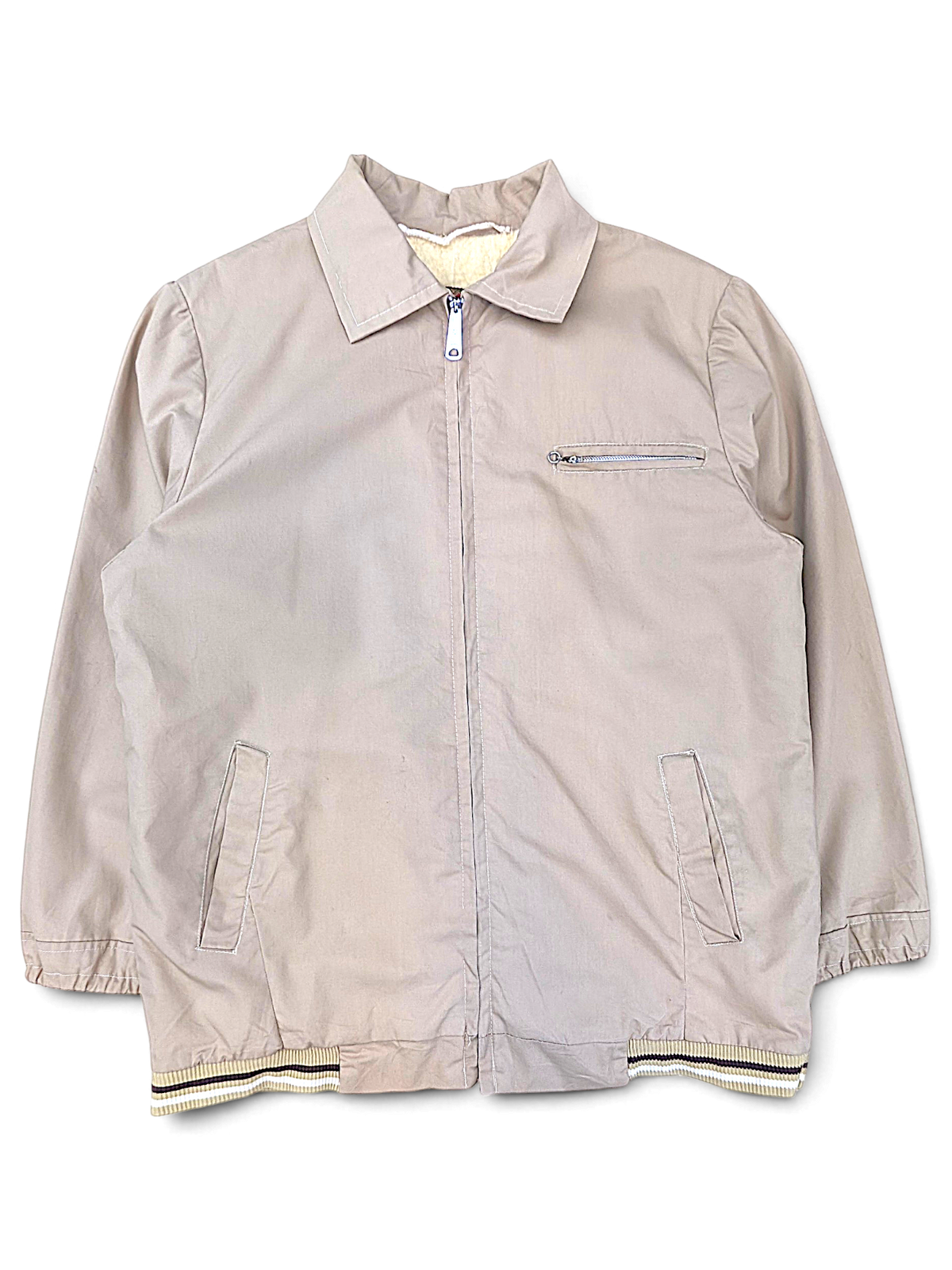 NAPCO Beige Teddy Lined Zip Jacket; Front view with striped ribbed hem and chest zip pocket.
