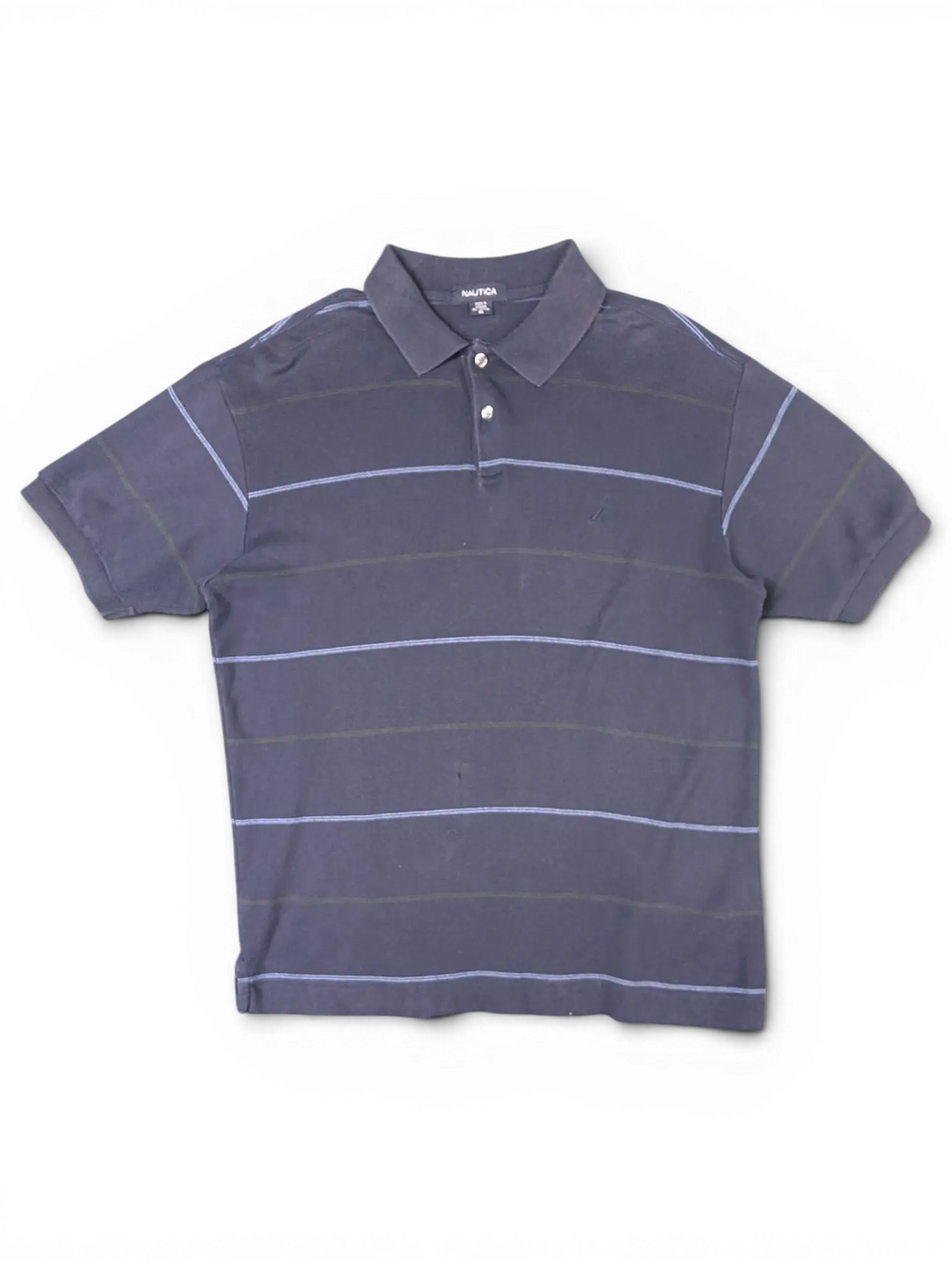 JAKE & IPI pre-owned Nautica navy polo shirt with subtle horizontal stripes and embroidered sail logo.