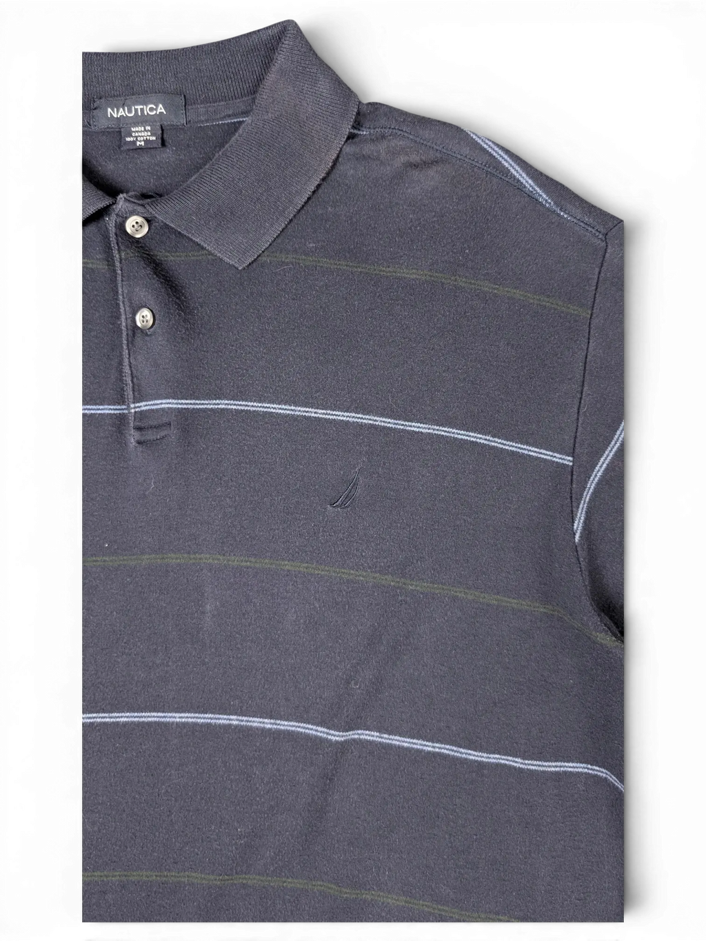 JAKE & IPI pre-owned navy Nautica polo shirt with subtle horizontal stripes and embroidered sail logo