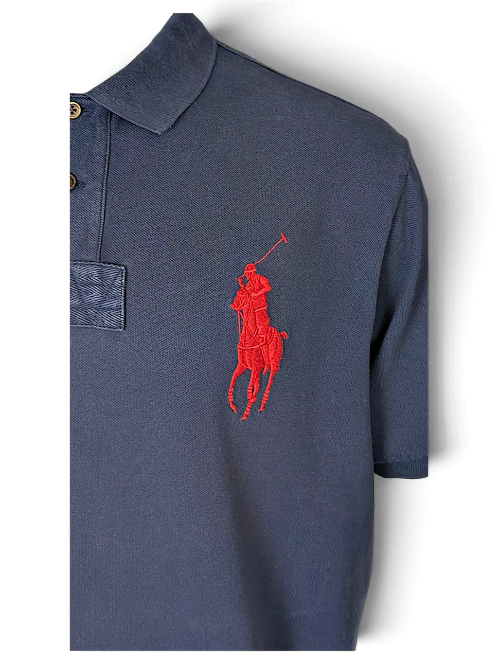 JAKE & IPI navy blue cotton polo shirt featuring a large red embroidered Big Pony logo on the chest