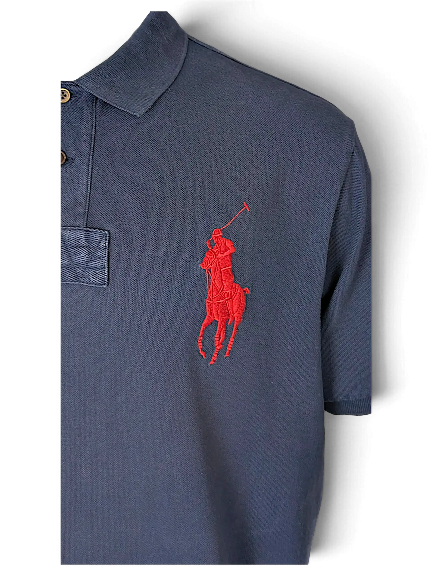 JAKE & IPI navy blue cotton polo shirt featuring a large red embroidered Big Pony logo on the chest
