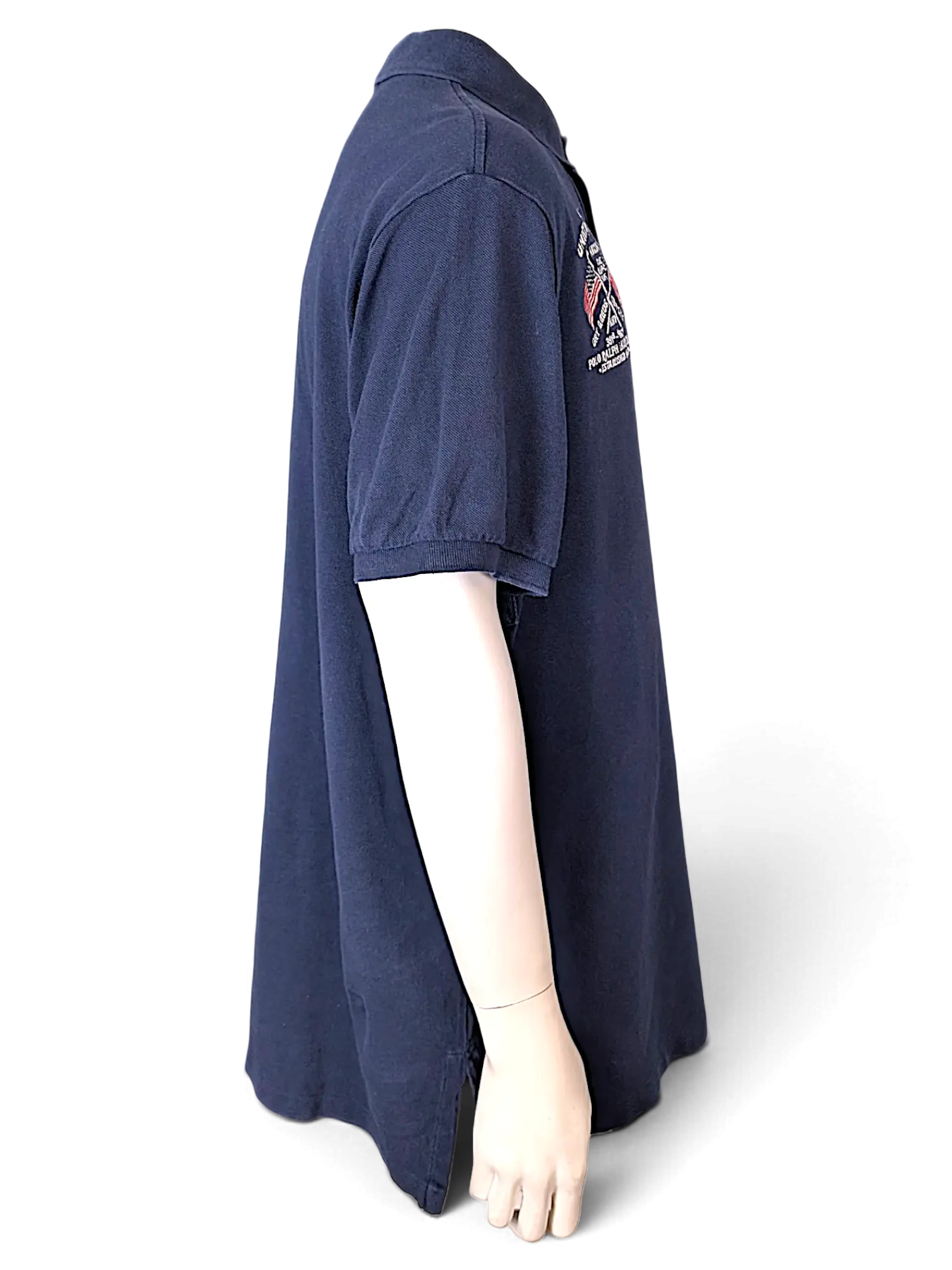JAKE & IPI navy blue cotton polo shirt with Big Pony embroidery, side profile view on a mannequin