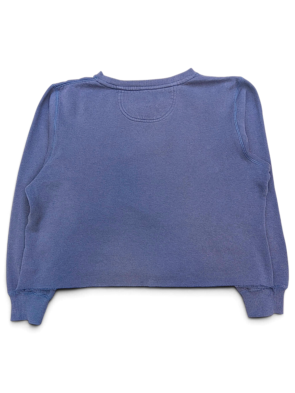 Back view of a navy blue JAKE & IPI Converse Cropped College sweatshirt with a raw hem and long sleeves.