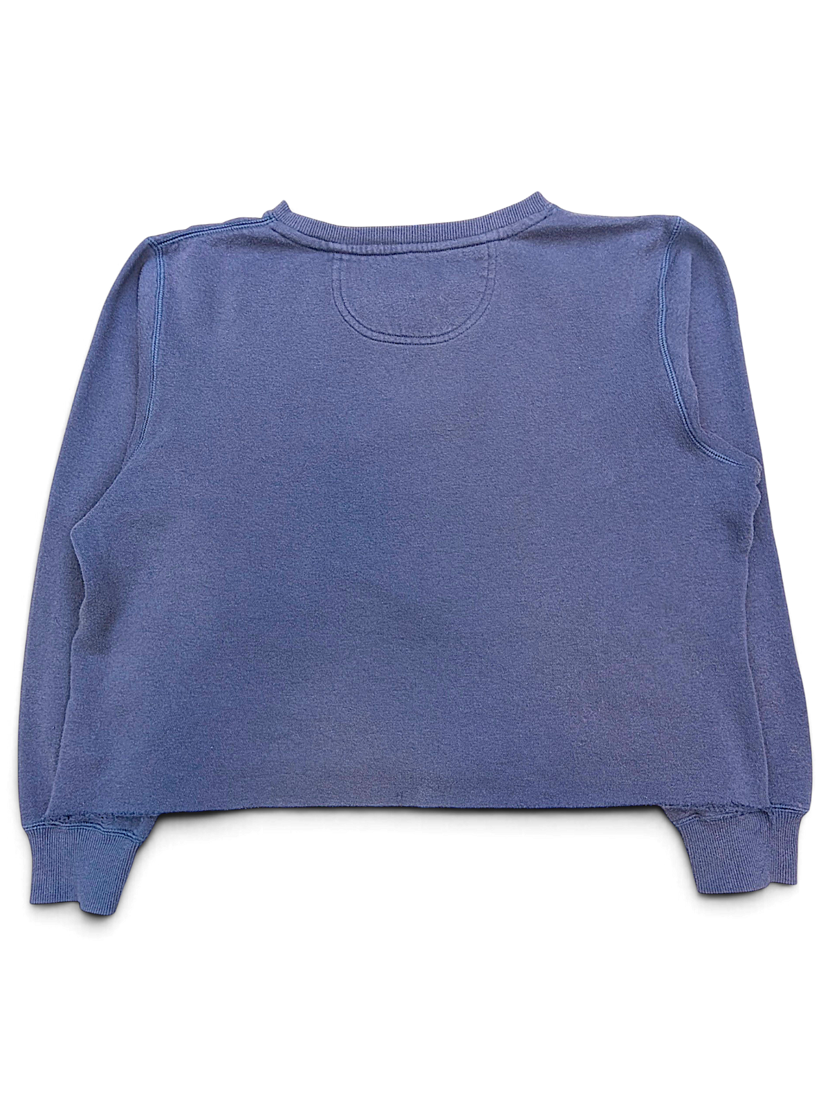 Back view of a navy blue JAKE & IPI Converse Cropped College sweatshirt with a raw hem and long sleeves.