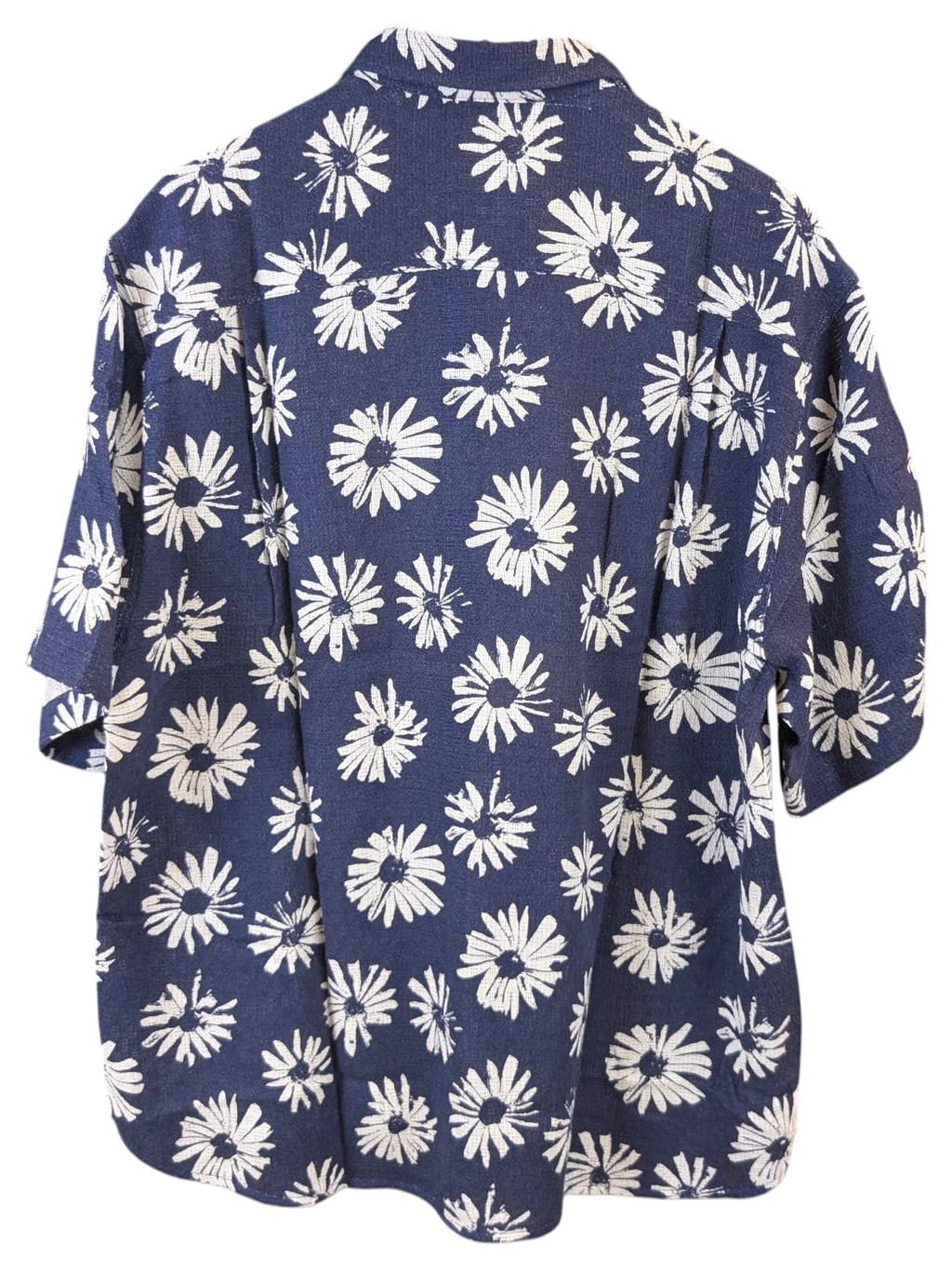 Back view of a JAKE & IPI navy blue Hawaiian shirt with a white daisy floral print and short sleeves.
