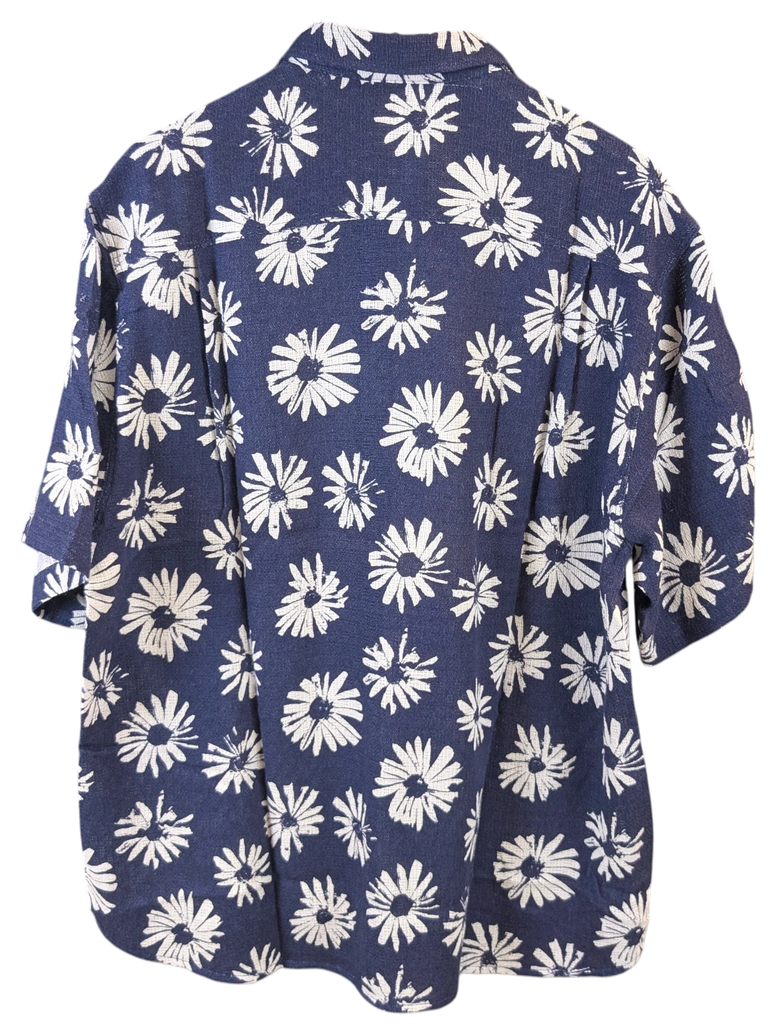 Back view of a JAKE & IPI navy blue Hawaiian shirt with a white daisy floral print and short sleeves.