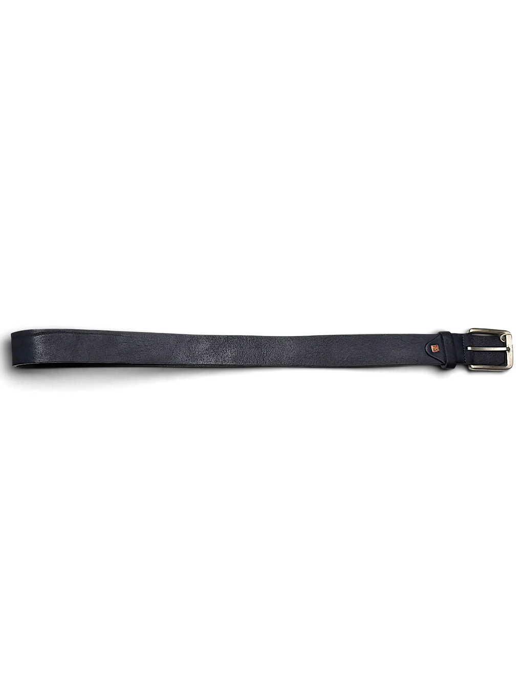JAKE & IPI navy blue leather belt with a silver-toned metal buckle on a plain white background
