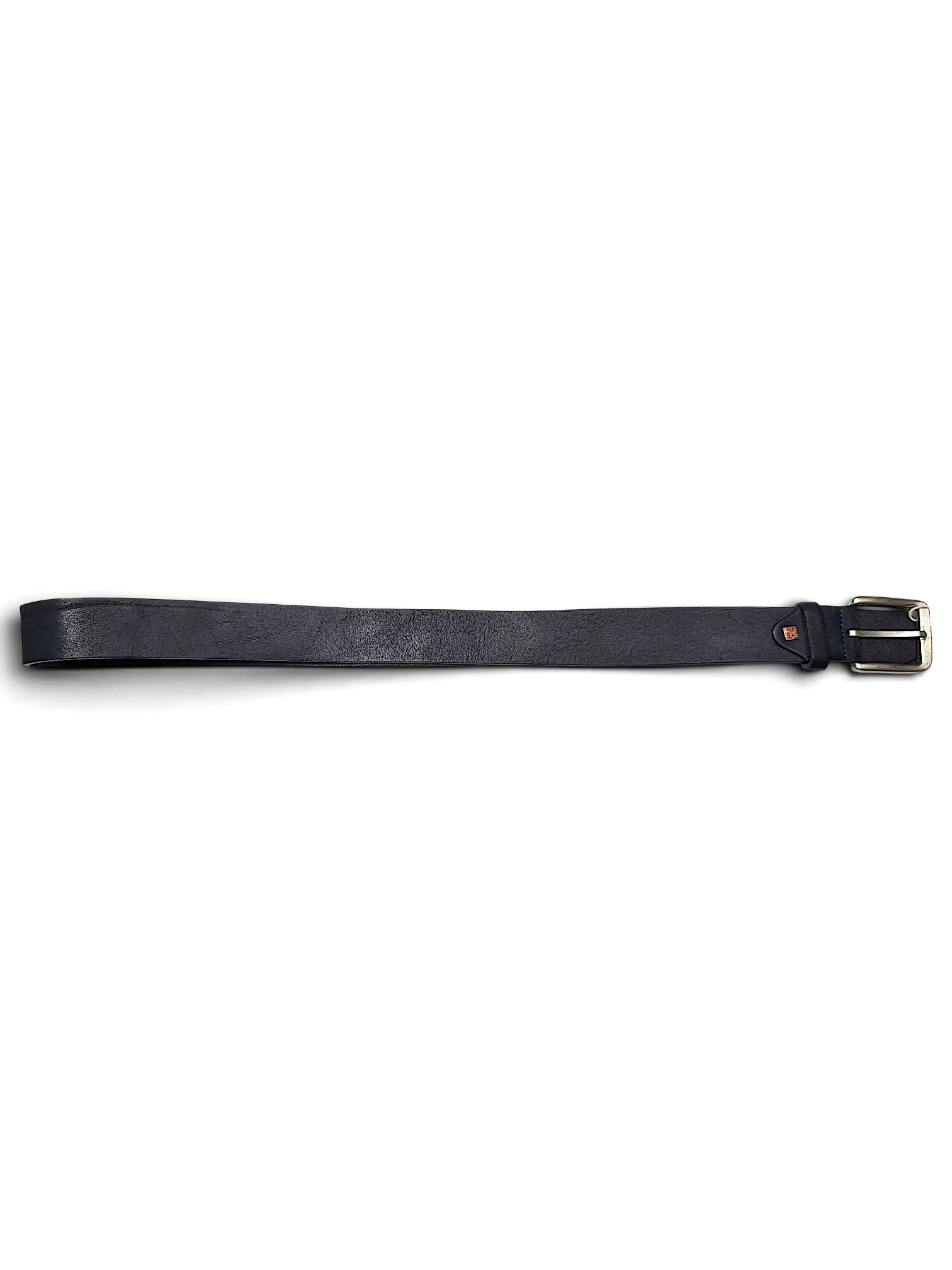 JAKE & IPI navy blue leather belt with a silver-toned metal buckle on a plain white background