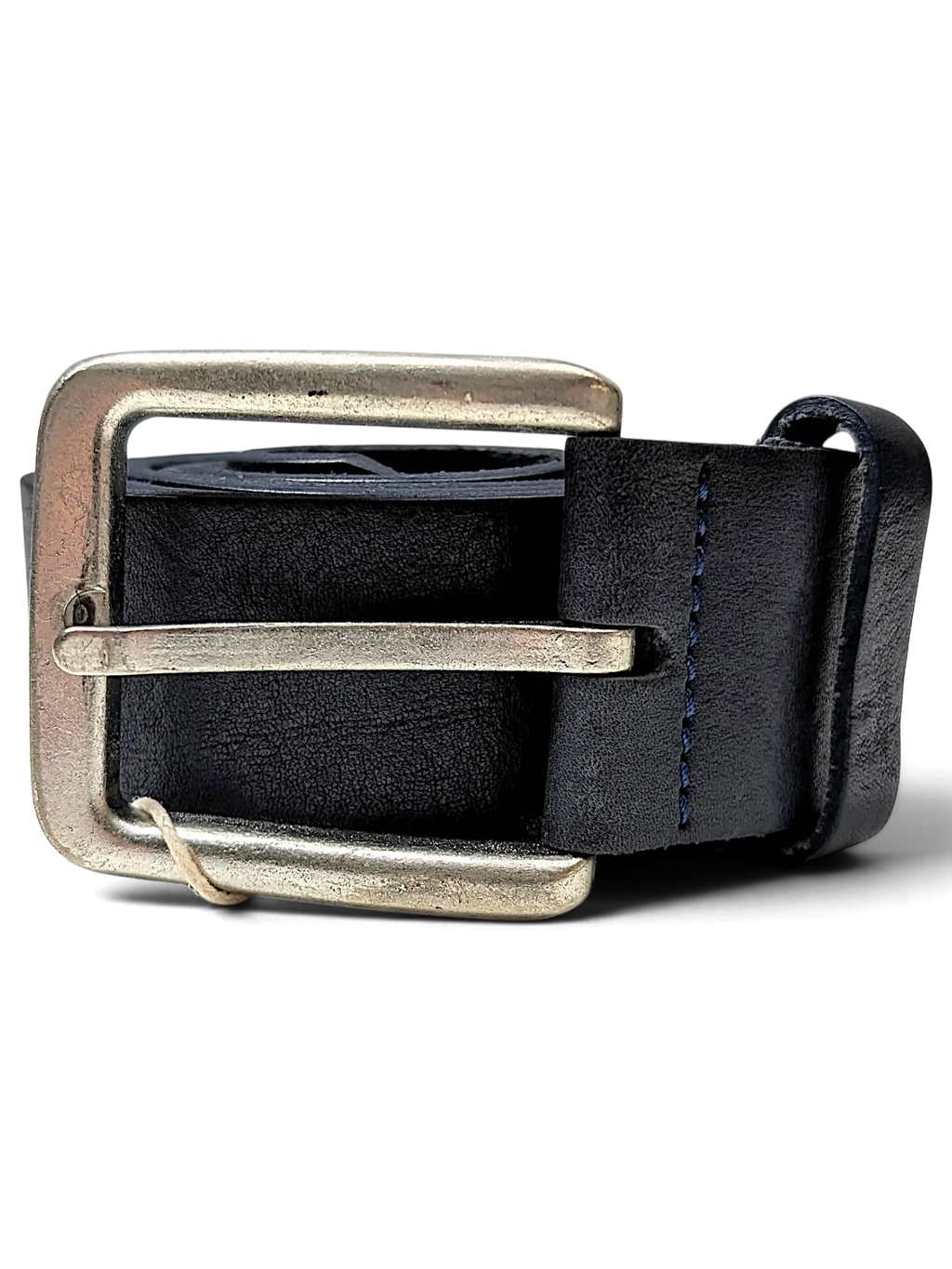 JAKE & IPI navy blue leather belt with a brushed silver metal buckle coiled on a white surface